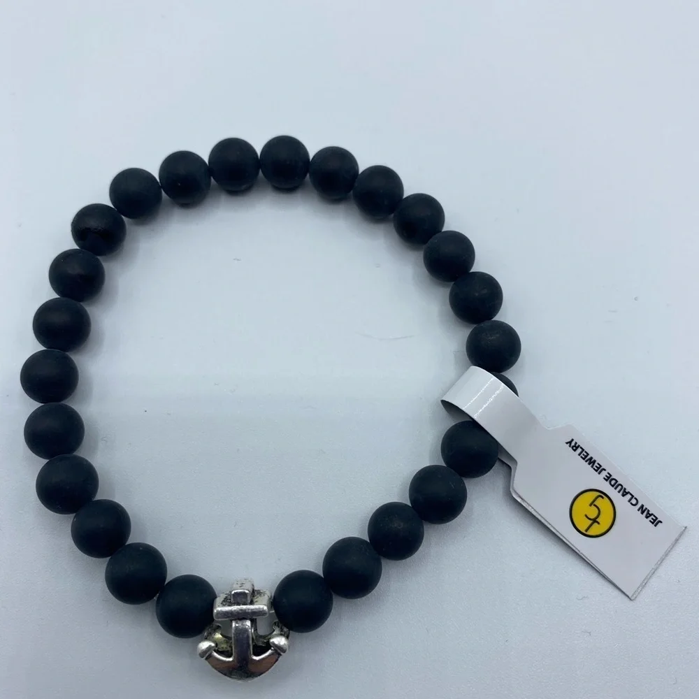 Jean Claude | Black Agate/Silver Anchor Bracelet
